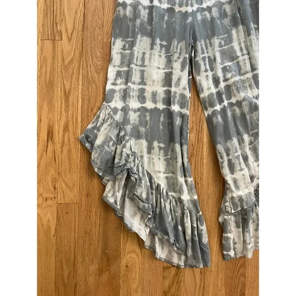 Japna Womens Grey White Tie Dye Ruffle Hem Wide Leg Jumpsuit Size M Boho Rayon - Picture 4 of 9